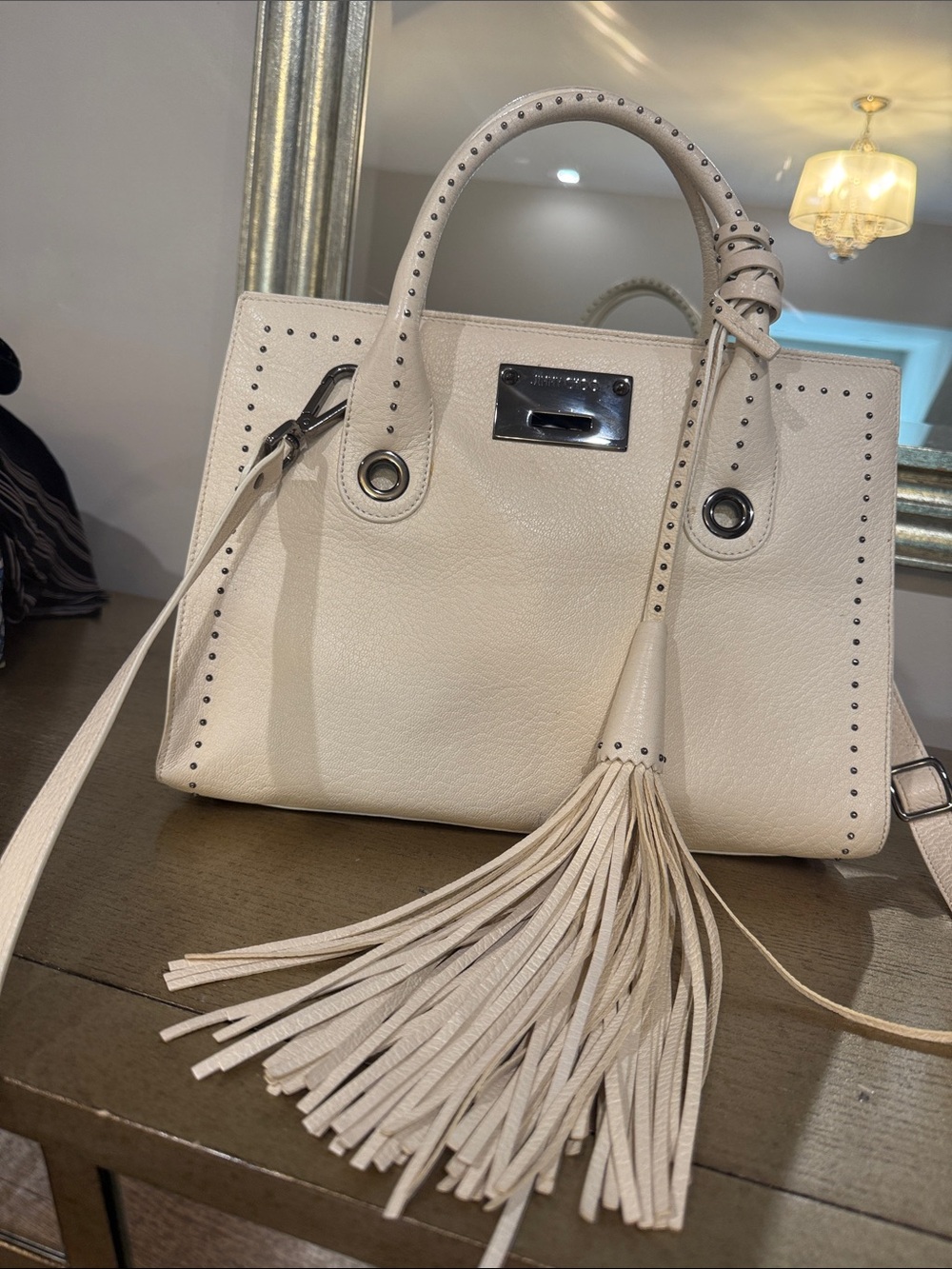 Jimmy Choo Riley Tote Bag - Cream Leather Satchel with Tassel Detail